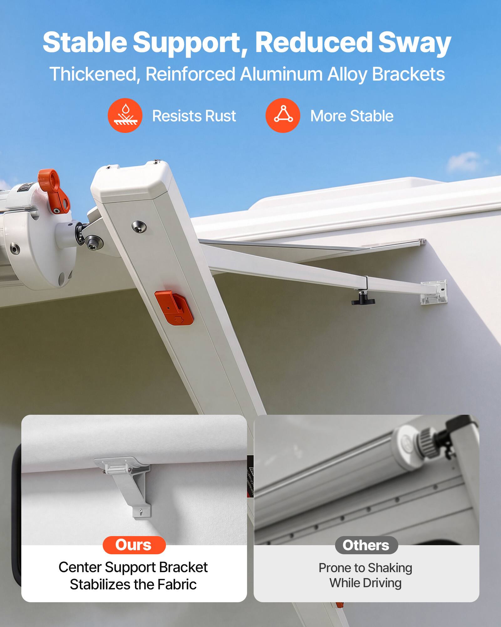 Stable Support, Reduced Sway  
Thickened, Reinforced Aluminum Alloy Brackets  
Resists Rust  
More Stable  

Ours  
Center Support Bracket Stabilizes the Fabric  

Others  
Prone to Shaking While Driving