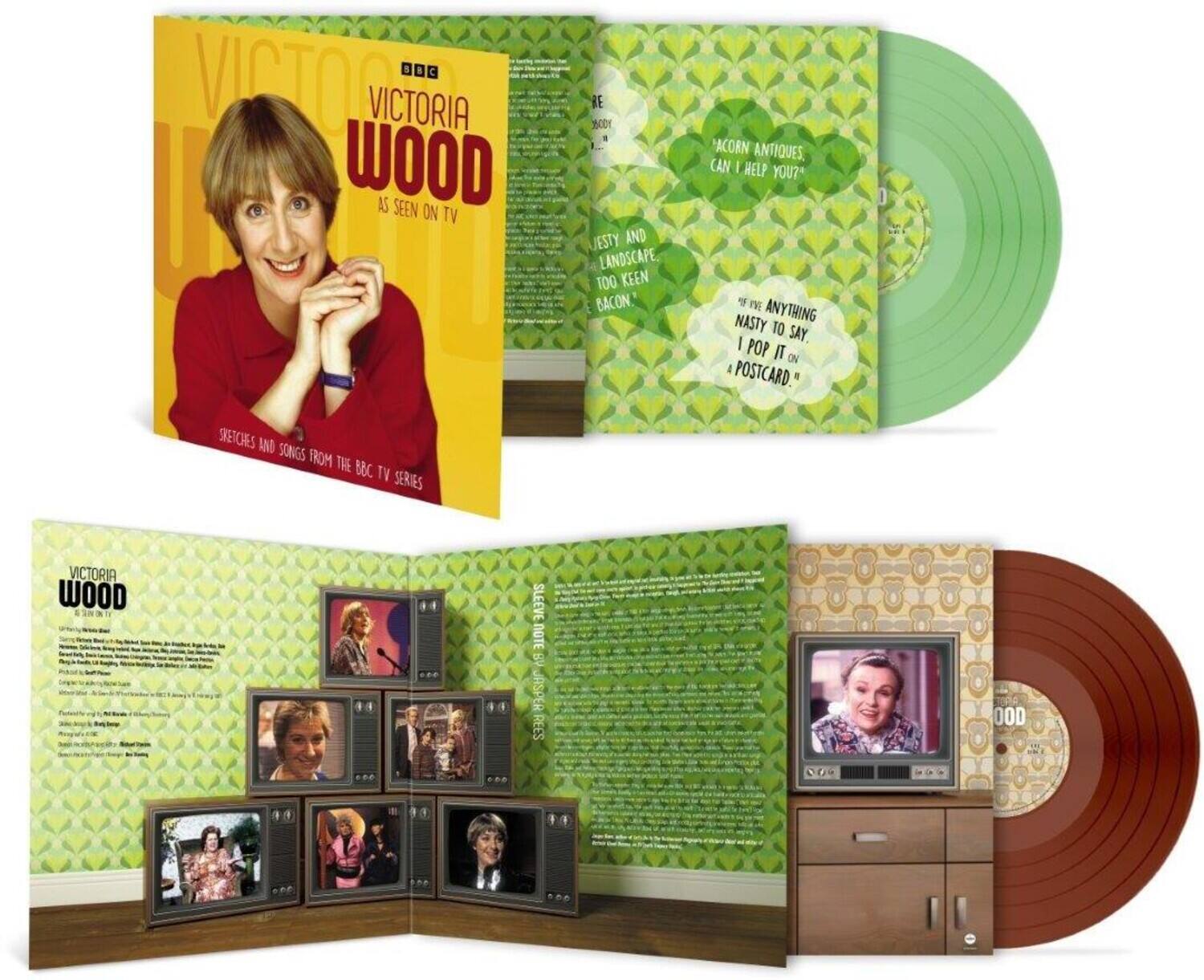 **Front Cover:**
- VICTORIA WOOD
- AS SEEN ON TV
- STENCILS AND SONGS FROM THE BBC TV SERIES

**Inner Sleeve:**
- "ACORN ANTIQUES, CAN I HELP YOU?"
- "IF I'VE ANYTHING NASTY TO SAY, I'LL PUT IT ON A POSTCARD."

**Back Cover:**
- VICTORIA WOOD
- STENCILS AND SONGS FROM THE BBC TV SERIES
- (Text continues with details about the album and credits)

**Vinyl Labels:**
- VICTORIA WOOD
- AS SEEN ON TV
- STENCILS AND SONGS FROM THE BBC TV SERIES

**Additional Text:**
- "JESTY AND LANDSCAPE TOO KEEN BACON"
- "CAN I HELP YOU?"
- "IF I'VE ANYTHING NASTY TO SAY, I'LL PUT IT ON A POSTCARD."