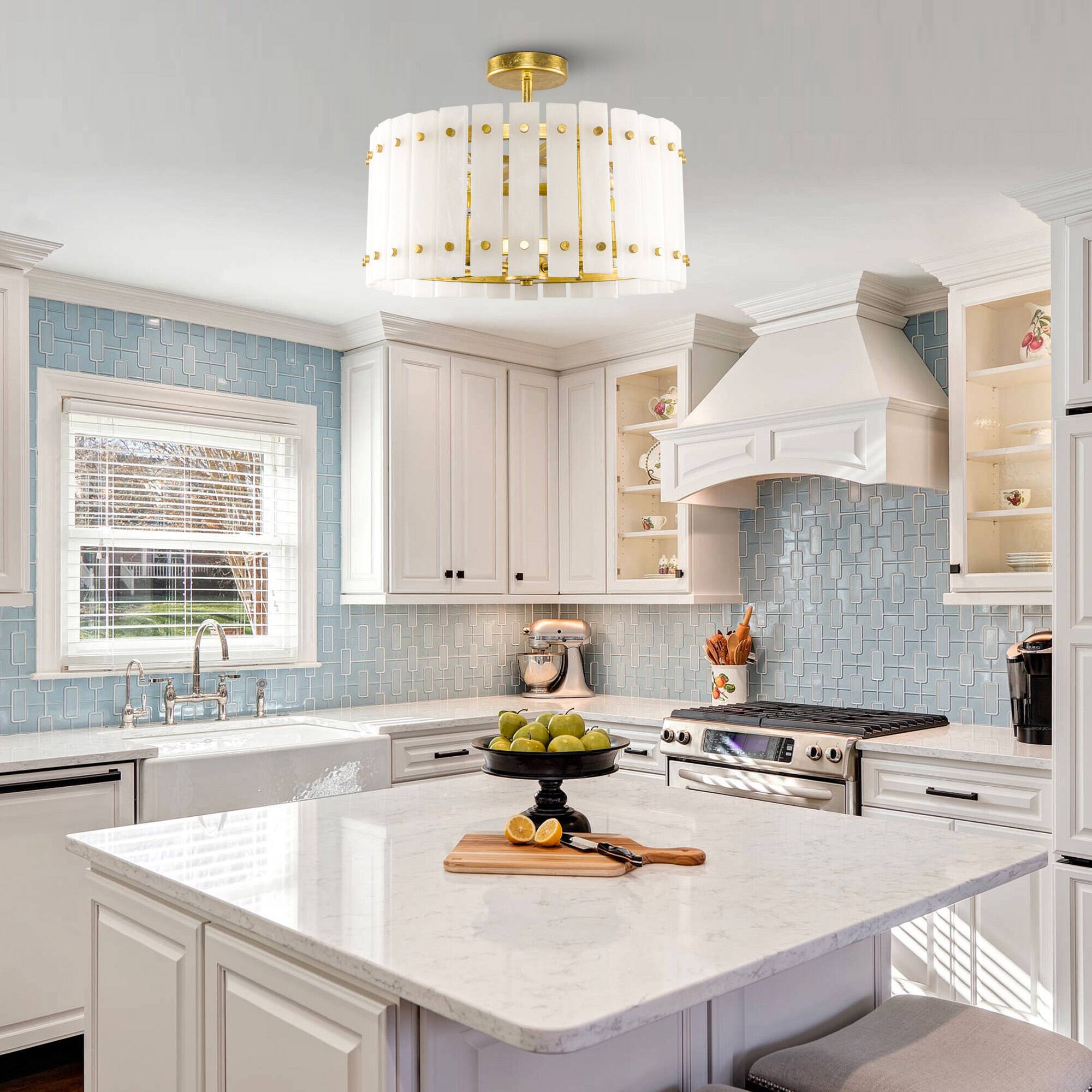 Left. Parrot Uncle - 17.7 in. 4-Light Resin Drum Semi-Flush Mount Ceiling Light - Gold.