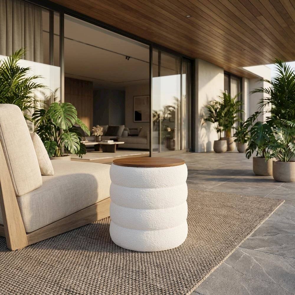 Angle. Outdoor Escape - Round Boucle Fabric Outdoor Ottoman With Storage And Cushioned Top - Brown.
