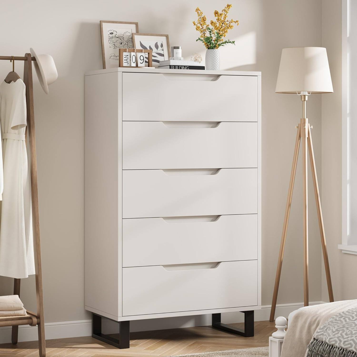 GARVEE - 5 Drawer Tall Dresser for Bedroom, 50" Vertical Storage Chest Organizer for Living Room, Entryway, Ash Grey - White