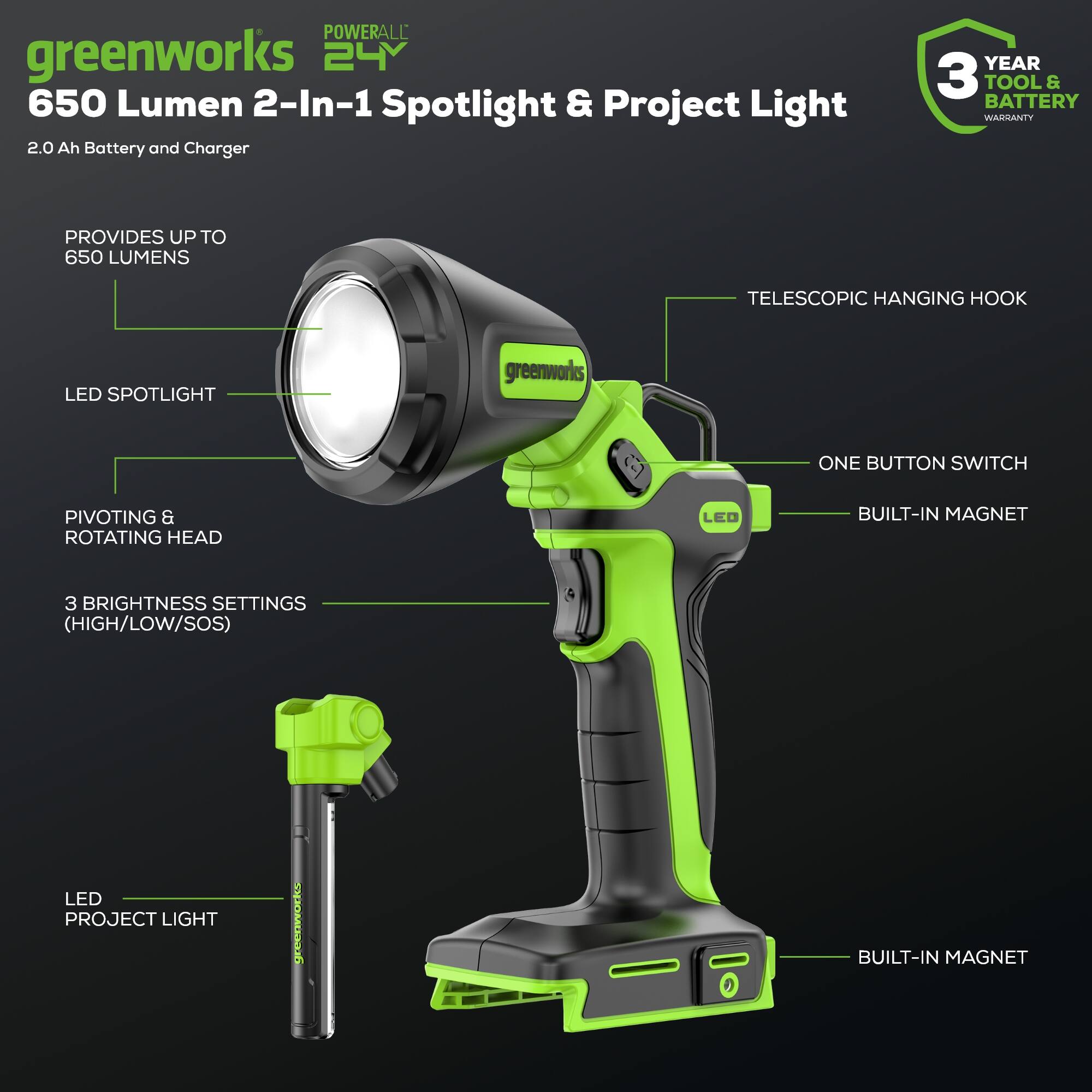 POWERALL greenworks 24V 650 Lumen 2-In-1 Spotlight & Project Light 2.0 Ah Battery and Charger

YEAR 3 TOOL & BATTERY WARRANTY

PROVIDES UP TO 650 LUMENS

TELESCOPIC HANGING HOOK

LED SPOTLIGHT

ONE BUTTON SWITCH

PIVOTING & ROTATING HEAD

BUILT-IN MAGNET

3 BRIGHTNESS SETTINGS (HIGH/LOW/SOS)

LED PROJECT LIGHT