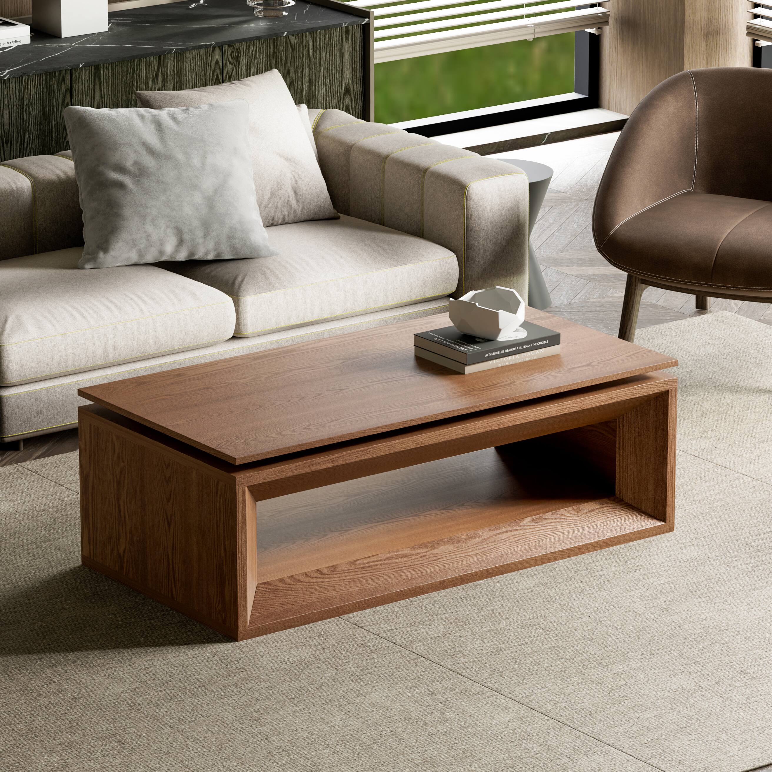 Back. Loheer - Loheer 43.3 Inch Walnut Lift Top Coffee Table with Hidden Storage Adjustable Height Modern Tea Table for Living Room - Walnut.