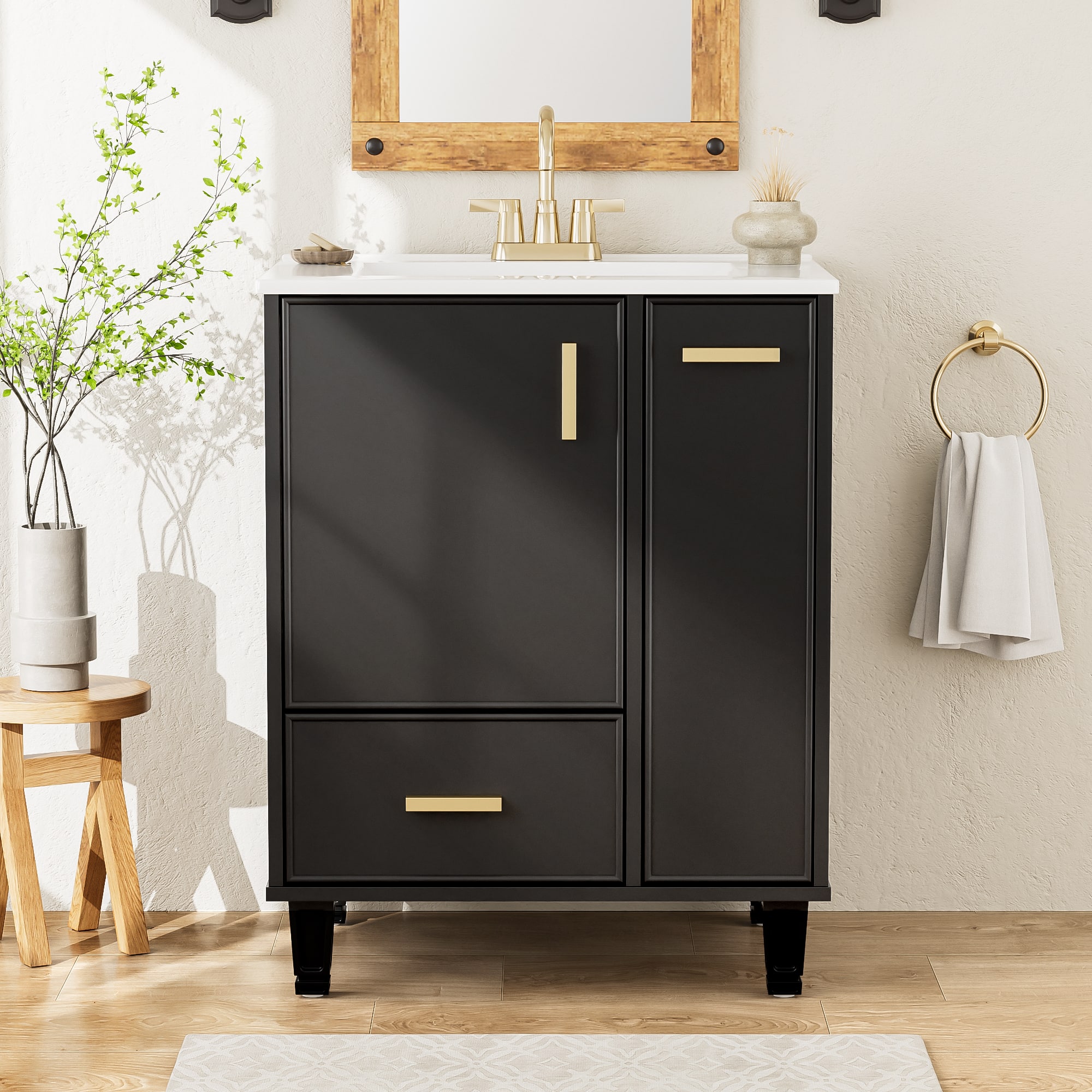 Tiramisubest - 24" Bathroom Vanity with Sink, Bathroom Cabinet with Door Shelf, Deep Drawer, 2-Tier Pull-Out Basket - Black