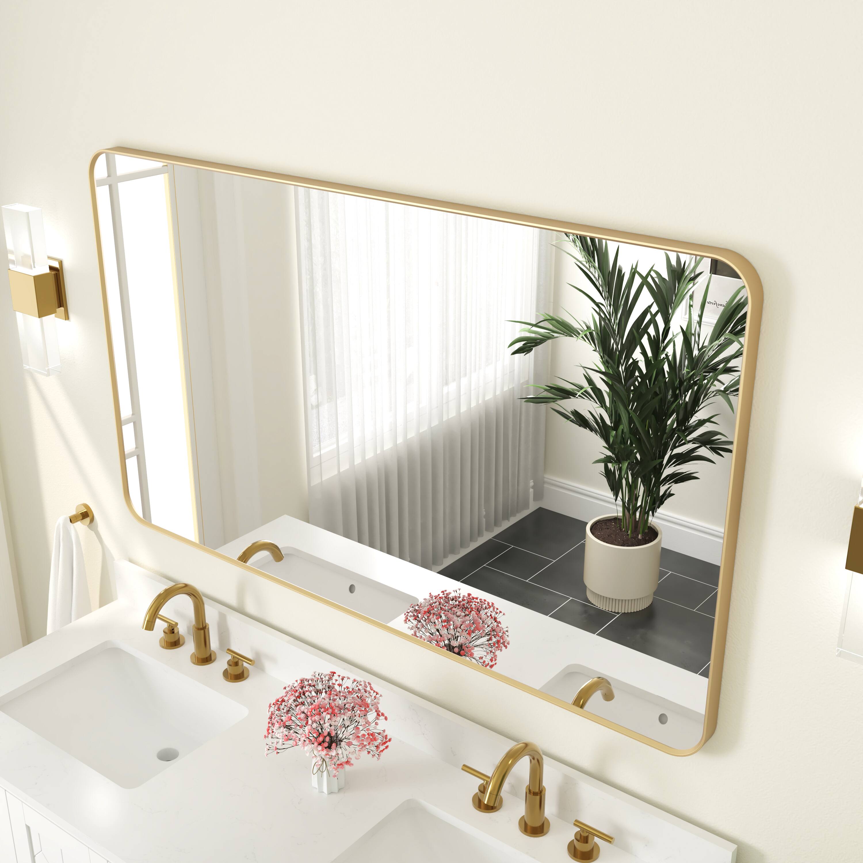 Back. WELLFOR - 55 in. W x 32 in. H Rectangular Aluminum Framed Wall Bathroom Vanity Mirro - Brushed Gold.