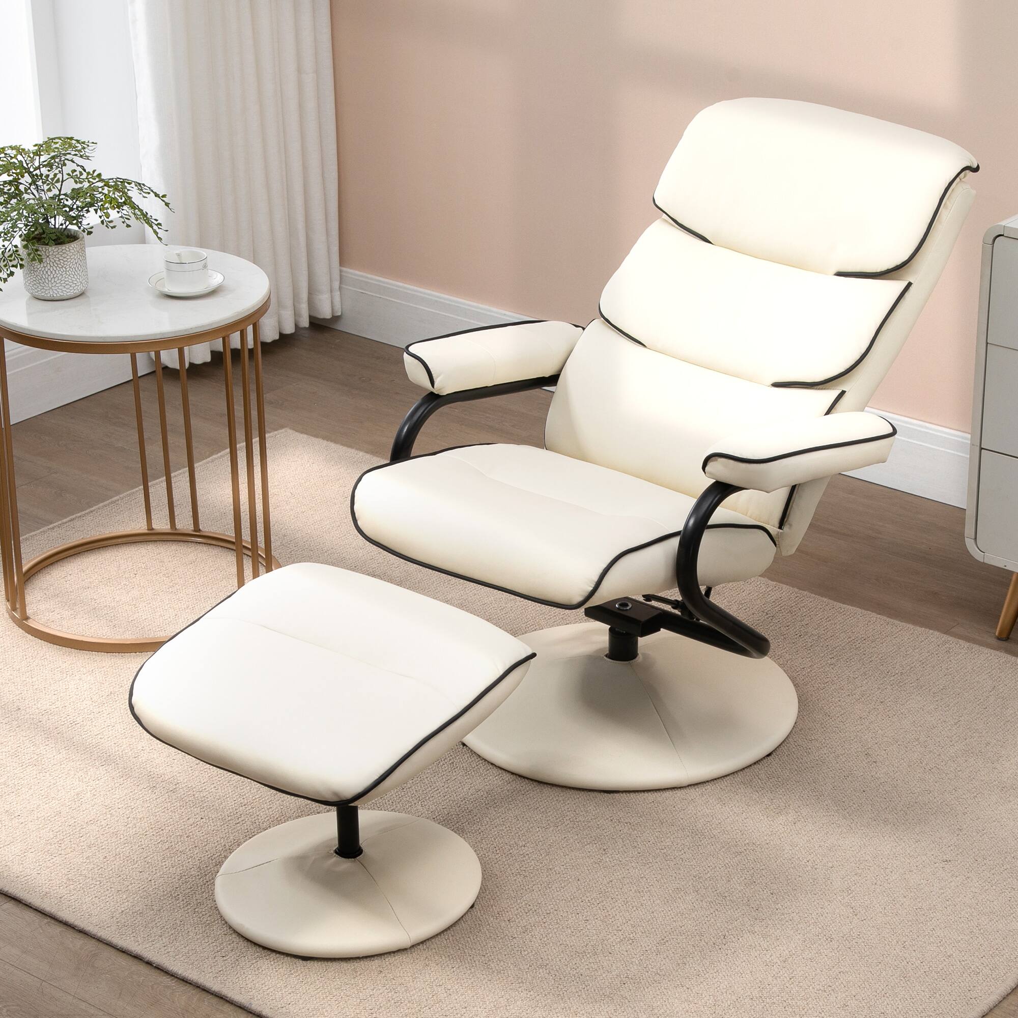 Alt View 1. Homcom - Recliner Chair with Ottoman: PU Leather Swivel High Back w/Adjustable Backrest - Cream White.