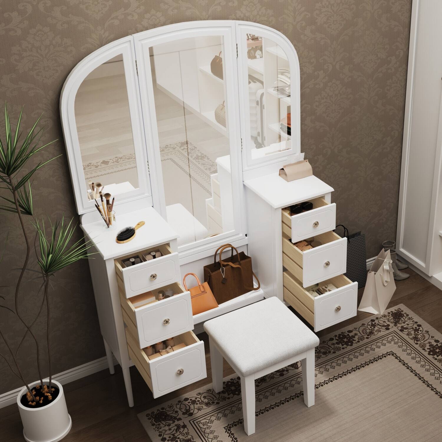Alt View 1. Lirago - White Antique Wood Dressing Table with Triple Mirror  for Bedroom 16.3”D x 46.5”W x 68.75”H - White.