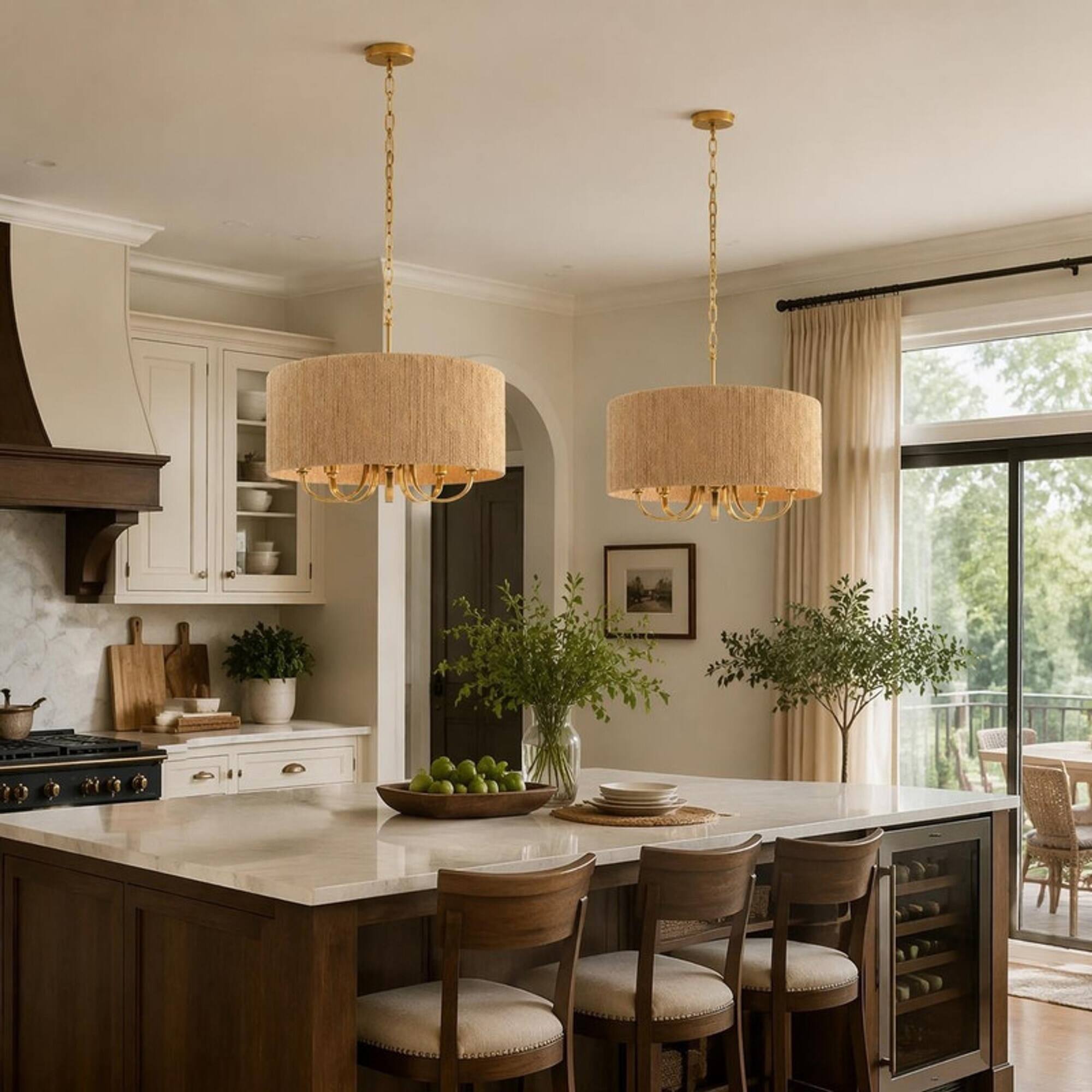 Left. RYHNUYNE - 22" Gold Rattan Farmhouse Chandelier, 5-Light Rustic Boho Pendant Lighting with Rattan Shade for Dining & Living Room - Gold.