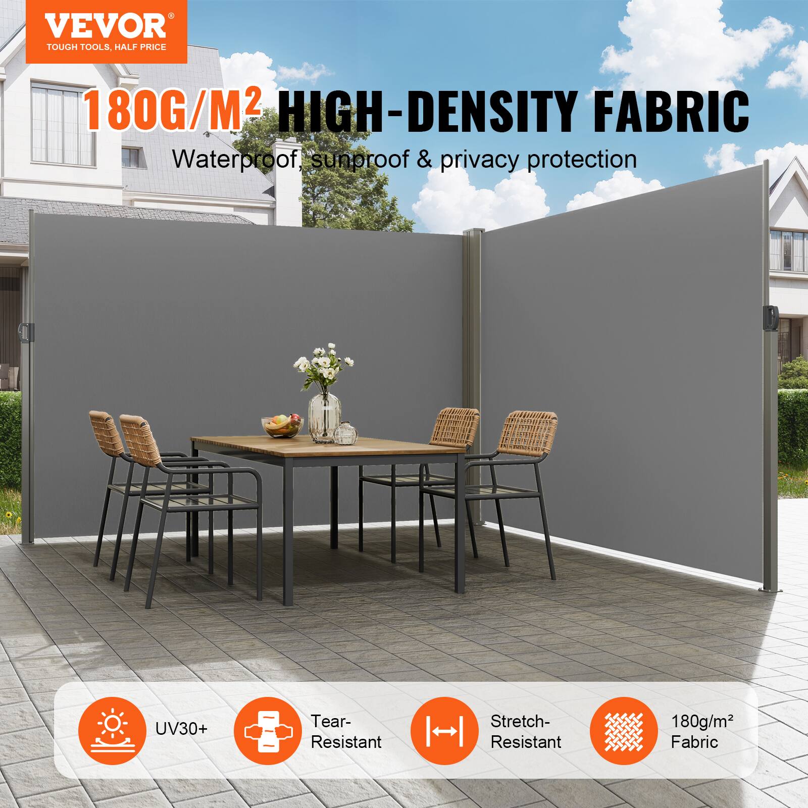 VEVOR TOUGH TOOLS. HALF PRICE 180G/M2 HIGH-DENSITY FABRIC Waterproof, sunproof & privacy protection UV30+ Tear-Resistant Stretch-Resistant 180g/m2 Fabric