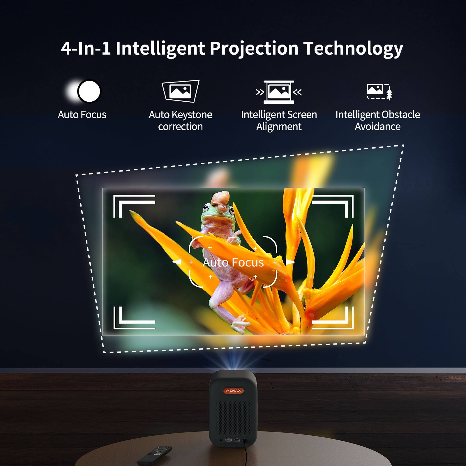 4-In-1 Intelligent Projection Technology

- Auto Focus
- Auto Keystone Correction
- Intelligent Screen Alignment
- Intelligent Obstacle Avoidance