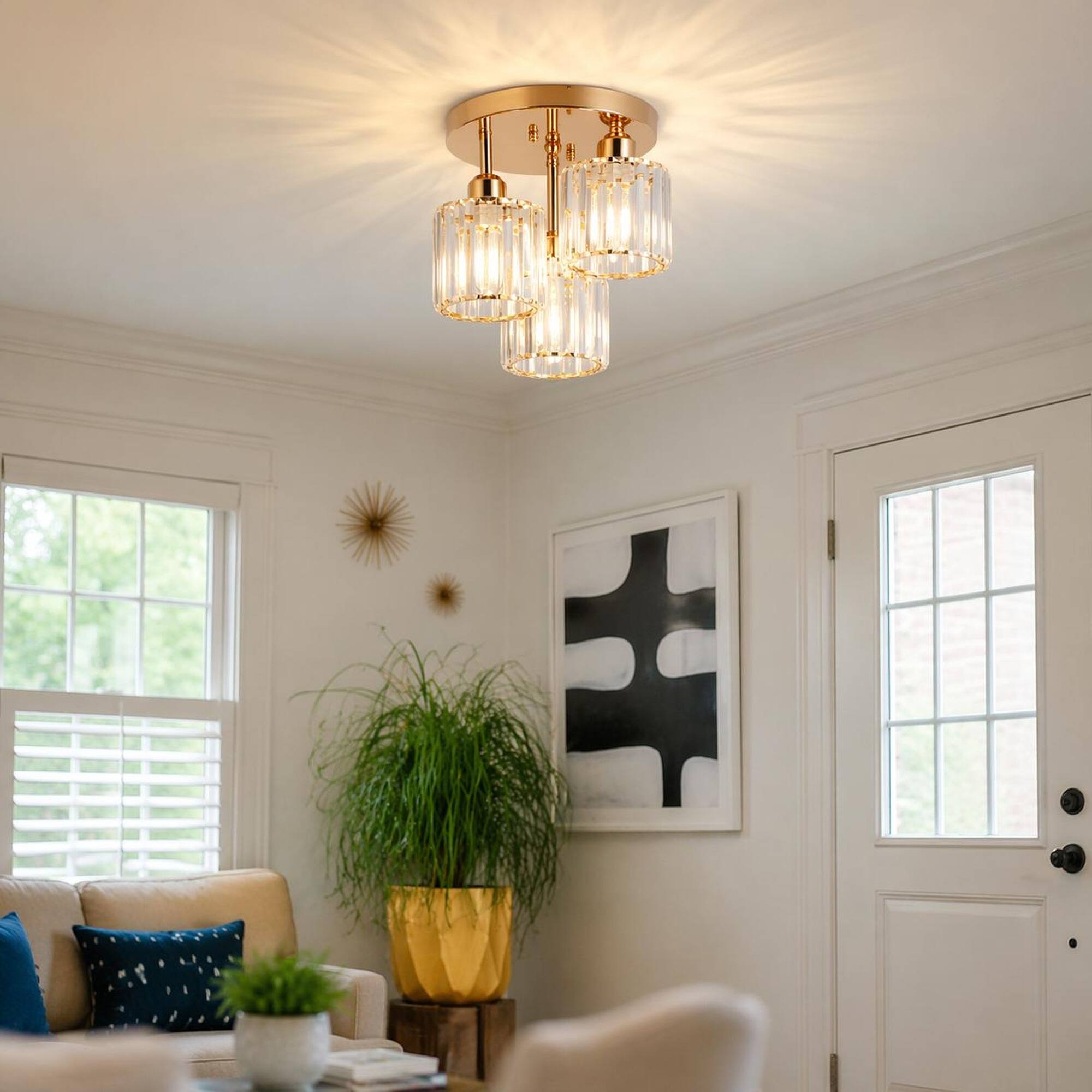 Alt View 2. RYHNUYNE - Modern 3-Light Semi Flush Mount Ceiling Fixture with Clear Crystal Accents, Gold Finish, Ideal for Low Ceilings.