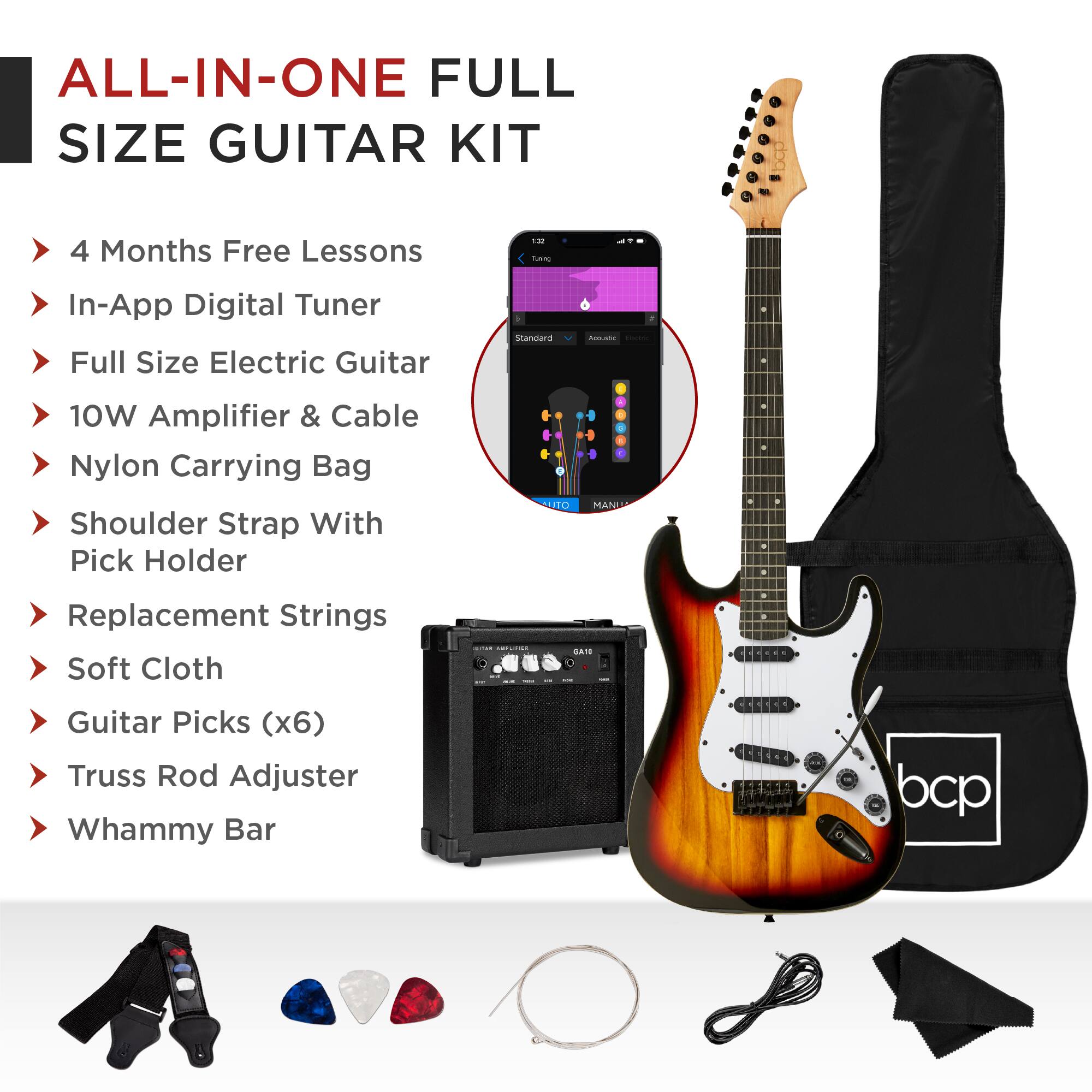 ALL-IN-ONE FULL SIZE GUITAR KIT

- 4 Months Free Lessons
- In-App Digital Tuner
- Full Size Electric Guitar
- 10W Amplifier & Cable
- Nylon Carrying Bag
- Shoulder Strap With Pick Holder
- Replacement Strings
- Soft Cloth
- Guitar Picks (x6)
- Truss Rod Adjuster
- Whammy Bar