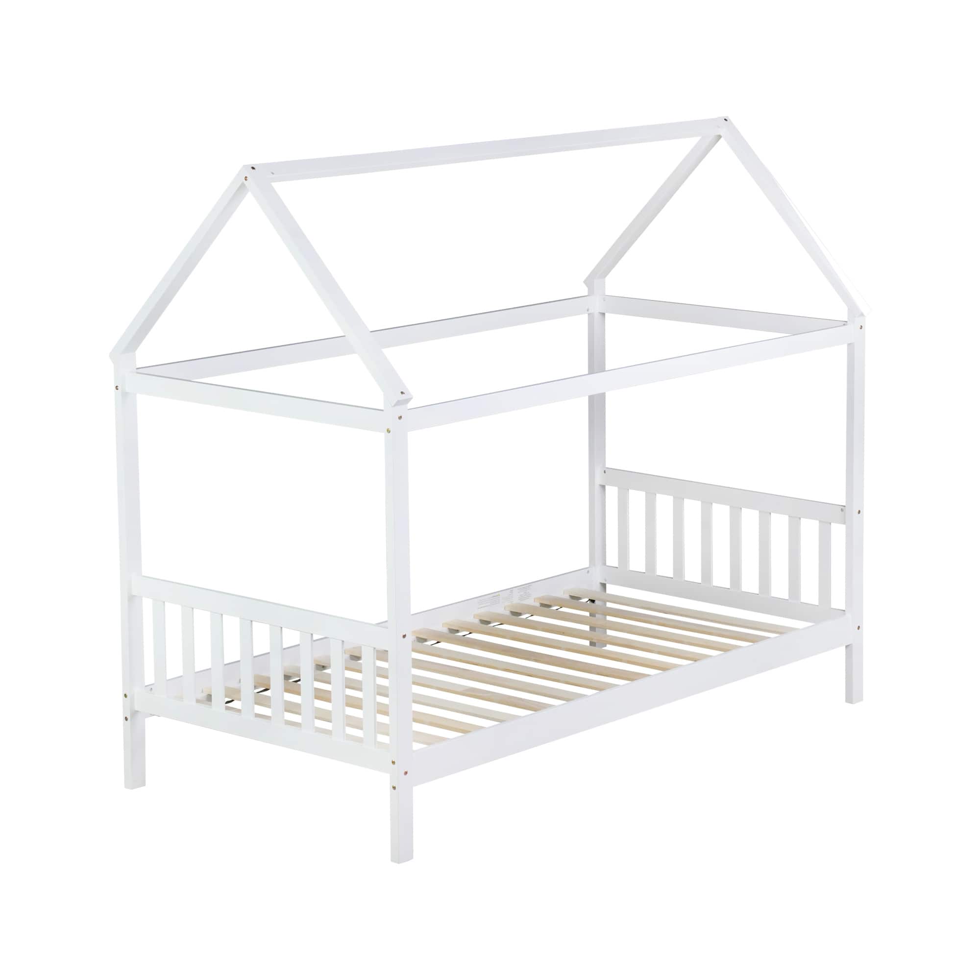 GOODSILO - Twin Size House Frame Bed with Headboard and Footboard in Light Wood Finish - White