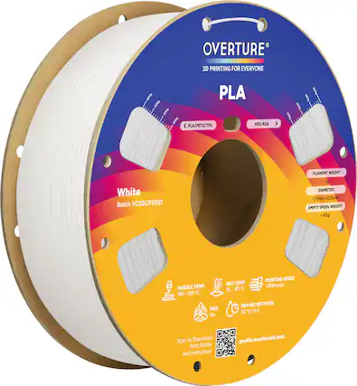 OVERTURE 3D PRINTING FOR EVERYONE
PLA
Batch VC02CF0931
FILAMENT WEIGHT 1kg
DIAMETER 1.75mm ±0.02mm
EMPTY SPOOL WEIGHT -142g
NOZZLE TEMP. 190-230°C
BED TEMP. 35-60°C
PRINTING SPEED <300mm/s
FAN On
DRYING SETTINGS 55°C/6h
Scan to Download Print Profile and Instruction
profile.overture3d.com