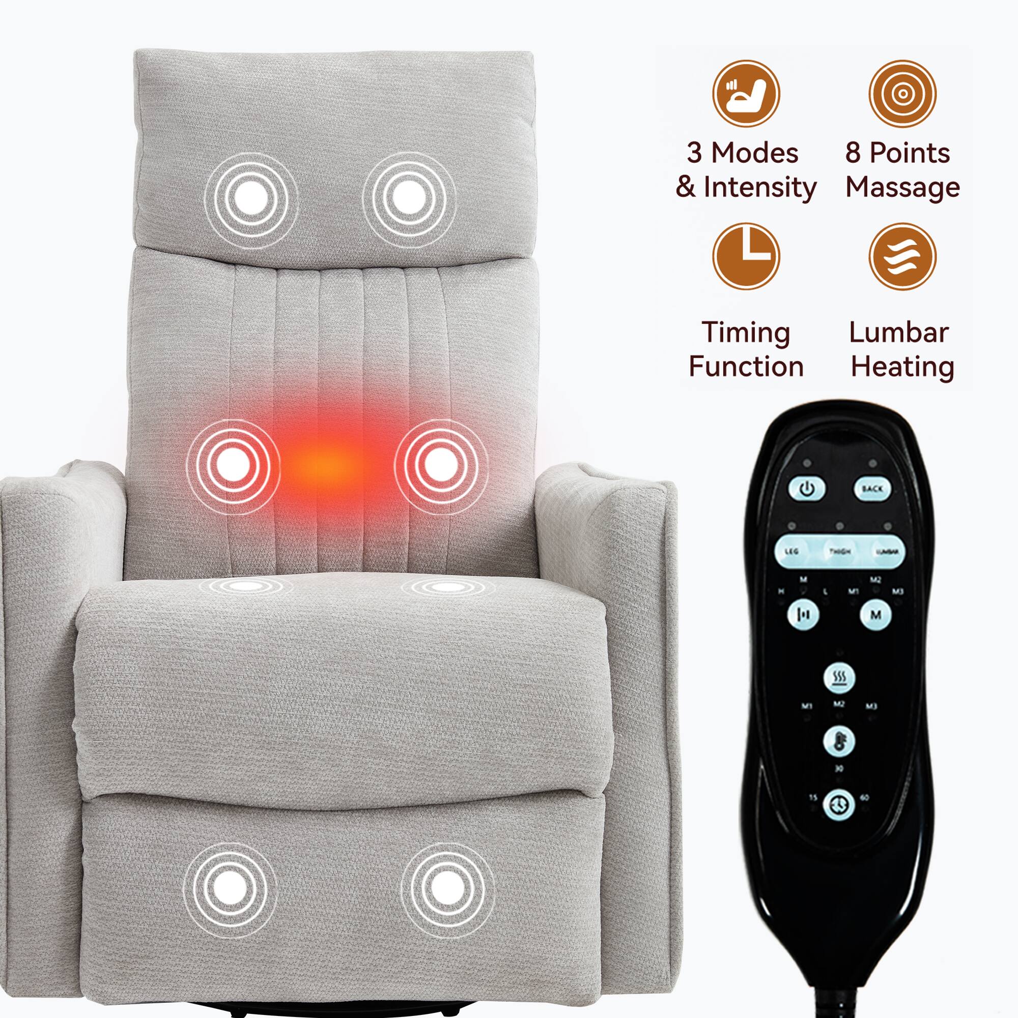3 Modes & Intensity  
8 Points Massage  
Timing Function  
Lumbar Heating