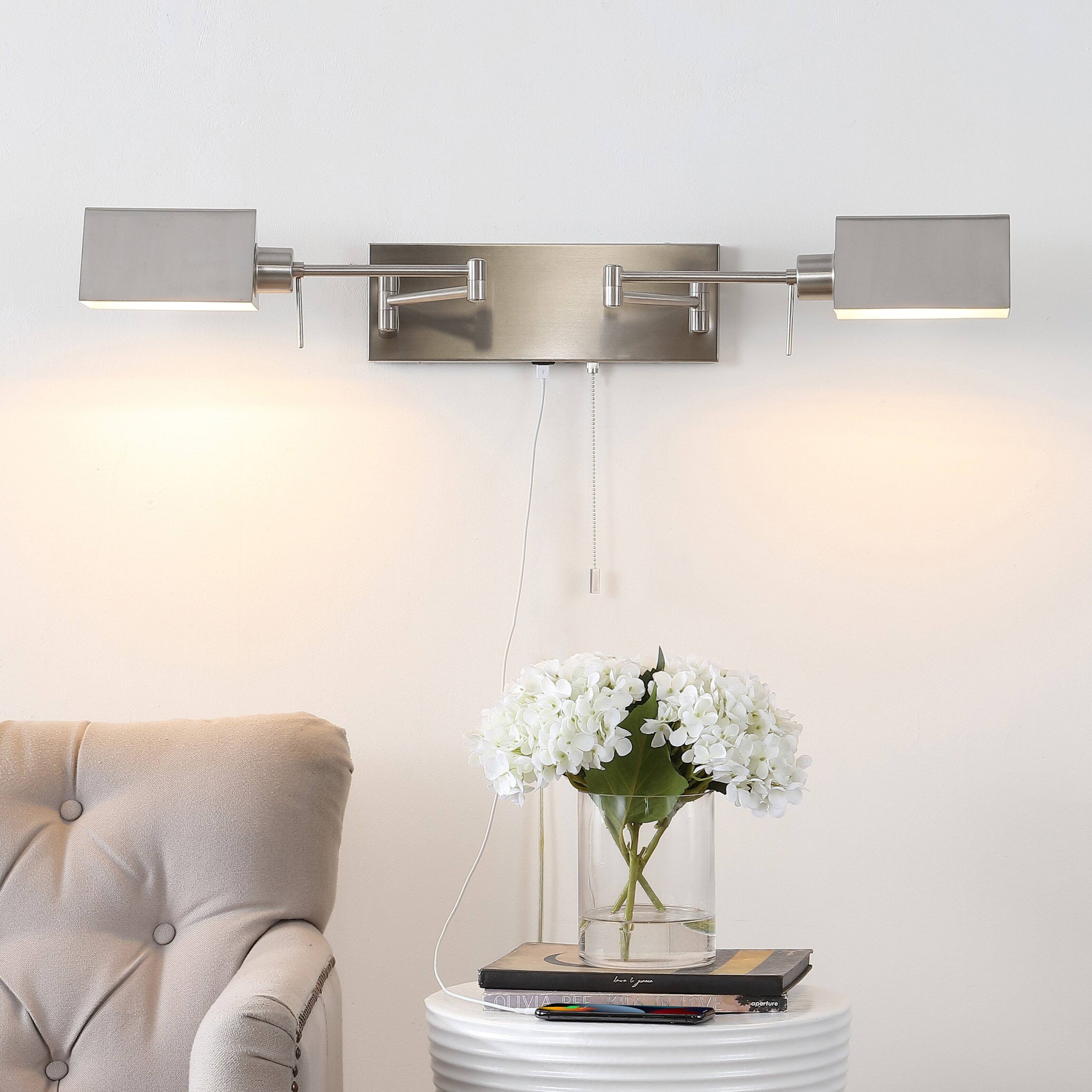 Alt View 1. Jonathan Y - Arlo 54" 2-Light Farmhouse Industrial Double Swing Arm Iron LED Wall Sconce with Pull-Chain USB Charging Port, Nickel - Nickel.