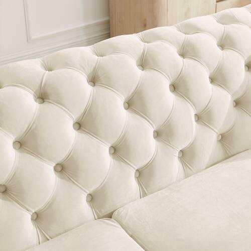 Alt View 1. Anysun - Mid-Century Modern 2-Piece Velvet Sofa Set-Chesterfield 3-Seater & Loveseat, Stainless Steel Trim, 4 Pillows - Beige.