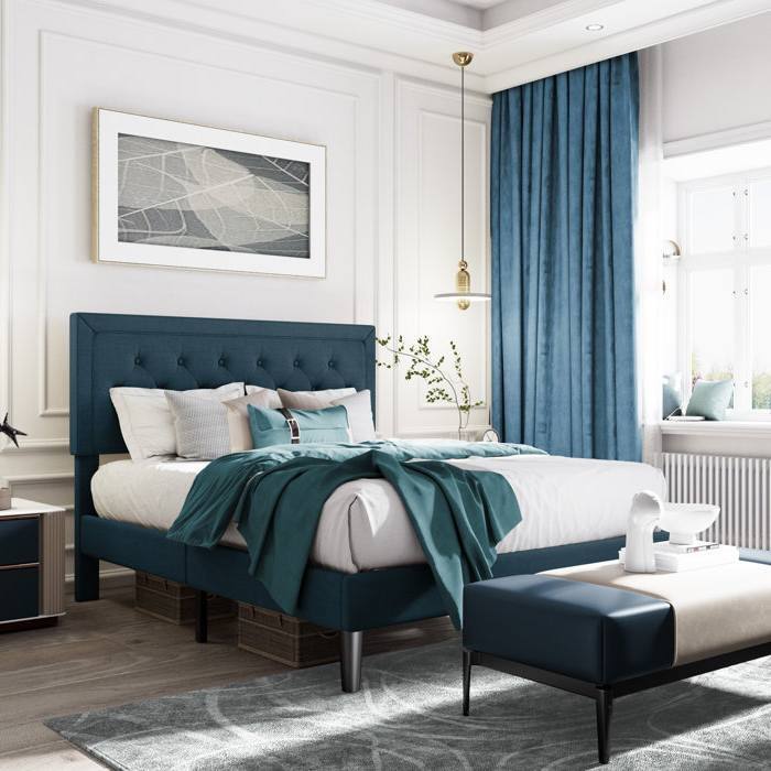 Angle. Hivvago - Hivvago King Adjustable Height Platform Bed Frame with Upholstered Headboard - Blue.