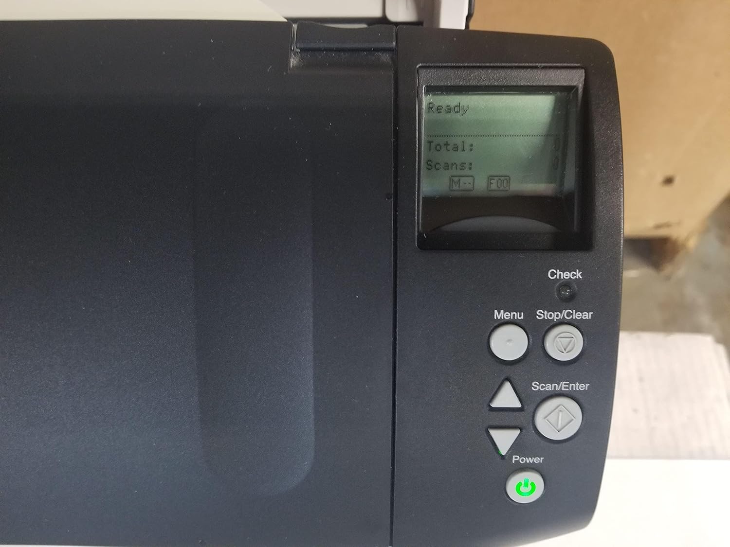 Ready  
Total:  
Scans: M- F00  

Check  
Menu Stop/Clear  
Scan/Enter  
Power