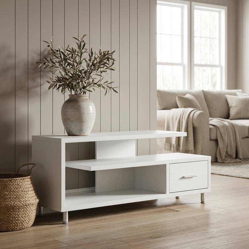 Alt View 1. FurniFact - White 1-Drawer TV Stand with Shelves for TVs Up to 65 Inches, Contemporary Style - White.