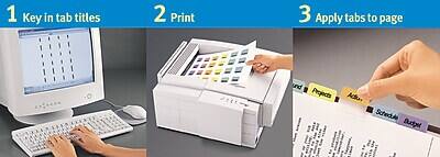 1. Key in tab titles  
2. Print  
3. Apply tabs to page