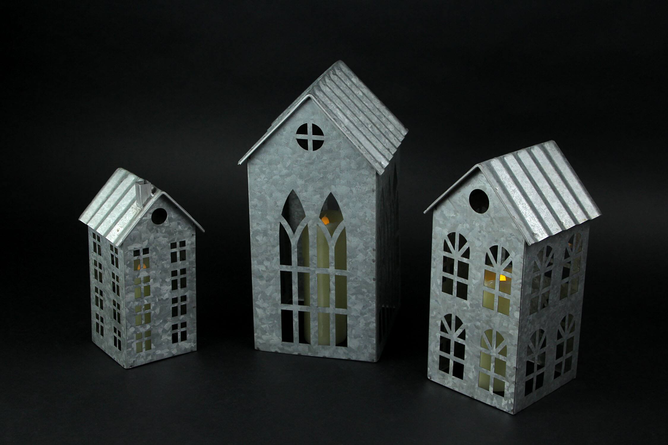 Alt View 6. Zeckos - Set of 3 Country Farmhouse Galvanized Metal House Shaped Candle Holders - Silver.
