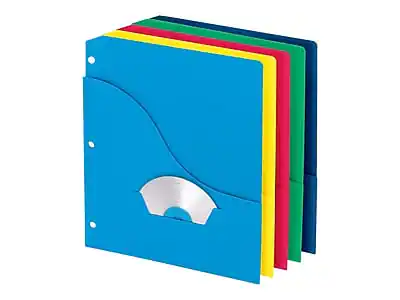 Front. Tops Business Forms - Paper Binder Pockets, 3-Hole Punched, 10/Pack - Assorted Colors.