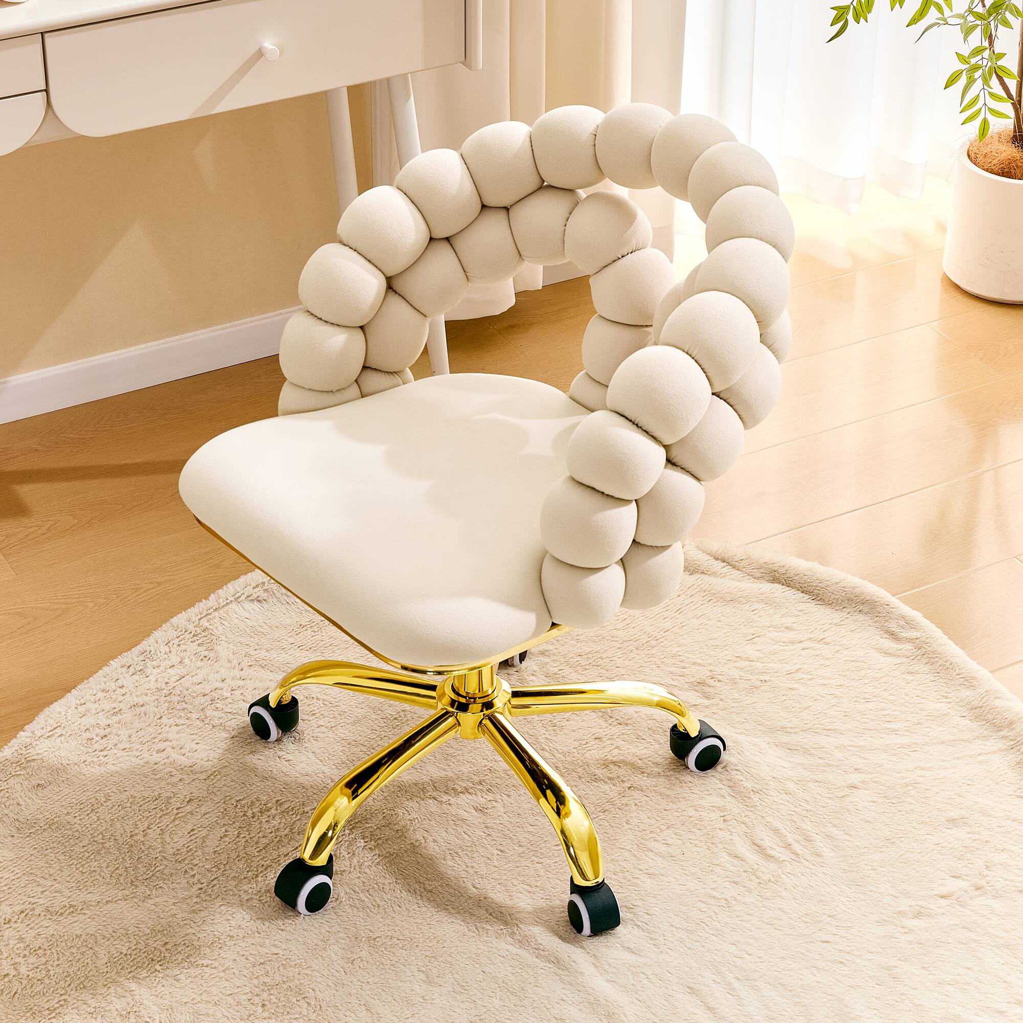 Angle. Loheer - Loheer- Velvet Desk Chair Adjustable Swivel Office Chair with Bubble Back, 2.82 x 1.94 x 2.56 ft - Beige,Gold.