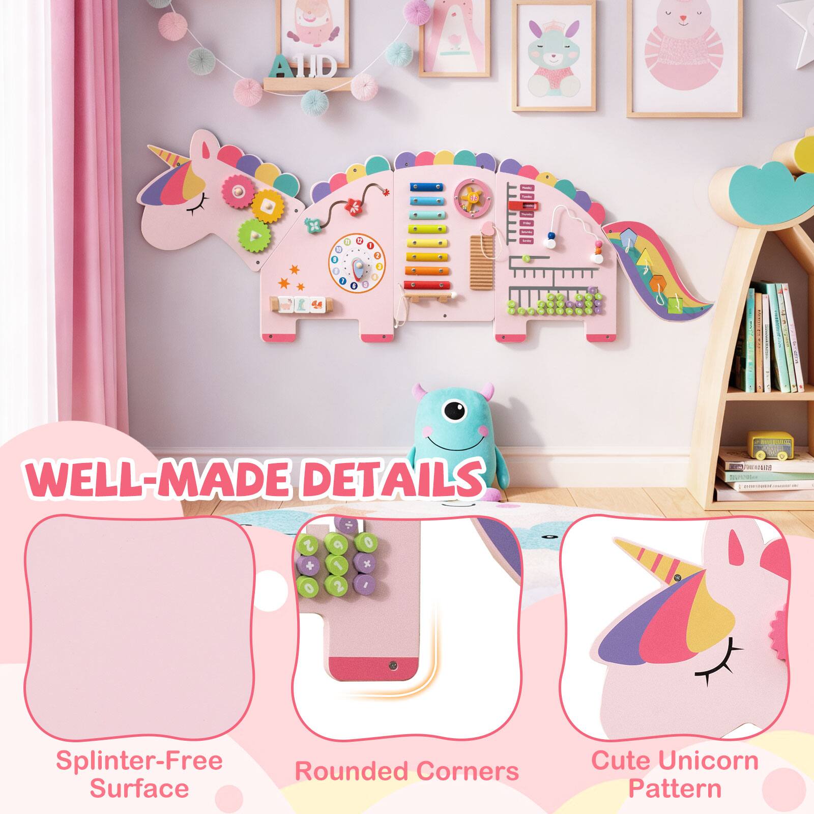 AUD 1 0 G I + - 0000go0 . WELL-MADE DETAILS + z o O + 1 x O 2 , - ... nnosaid Su/B | Splinter-Free Rounded Corners Surface Cute Unicorn Pattern