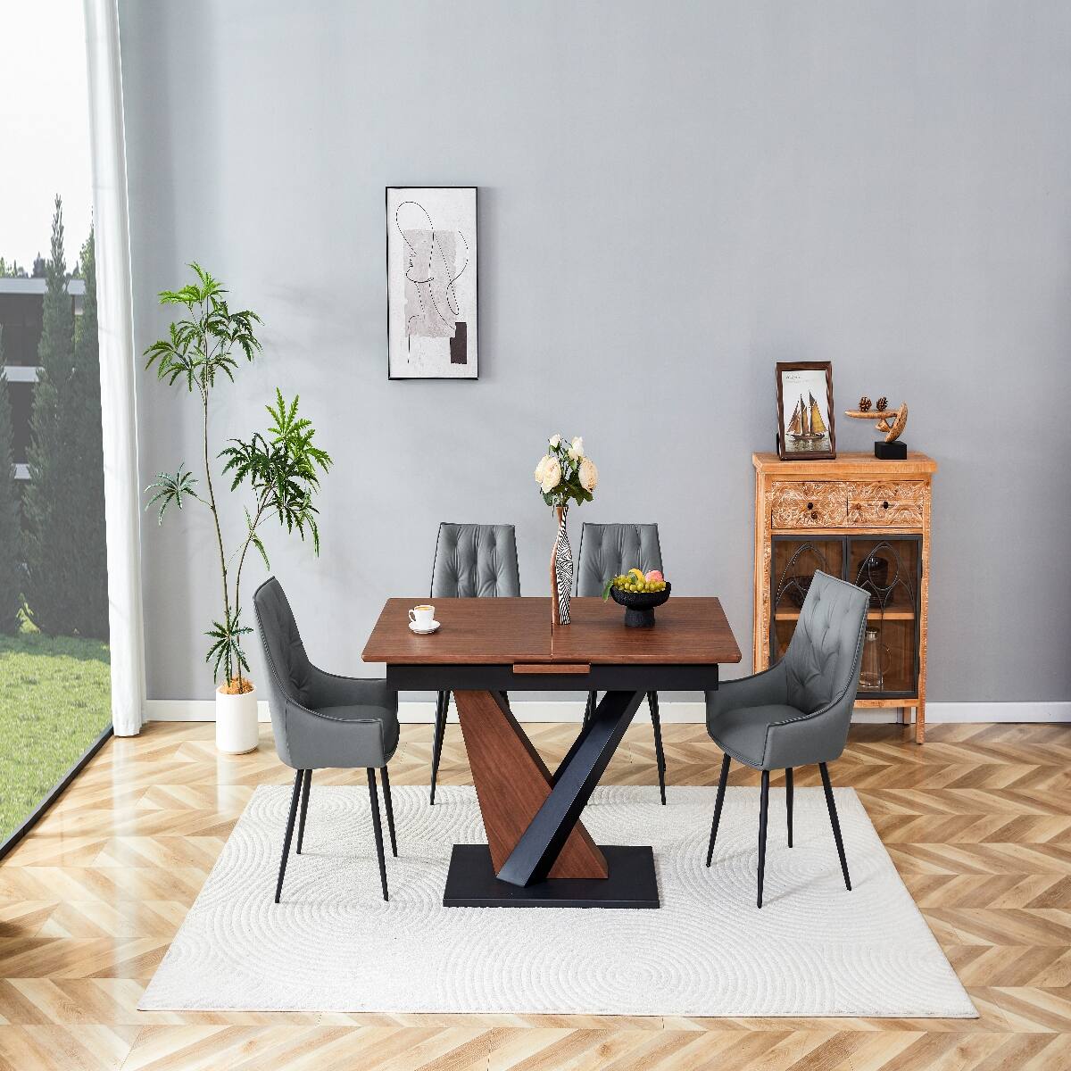 Alt View 10. Loheer - Loheer Extendable Dining Table Dark Walnut Rectangular Dining Table with Metal Cross Base - Dark Walnut.