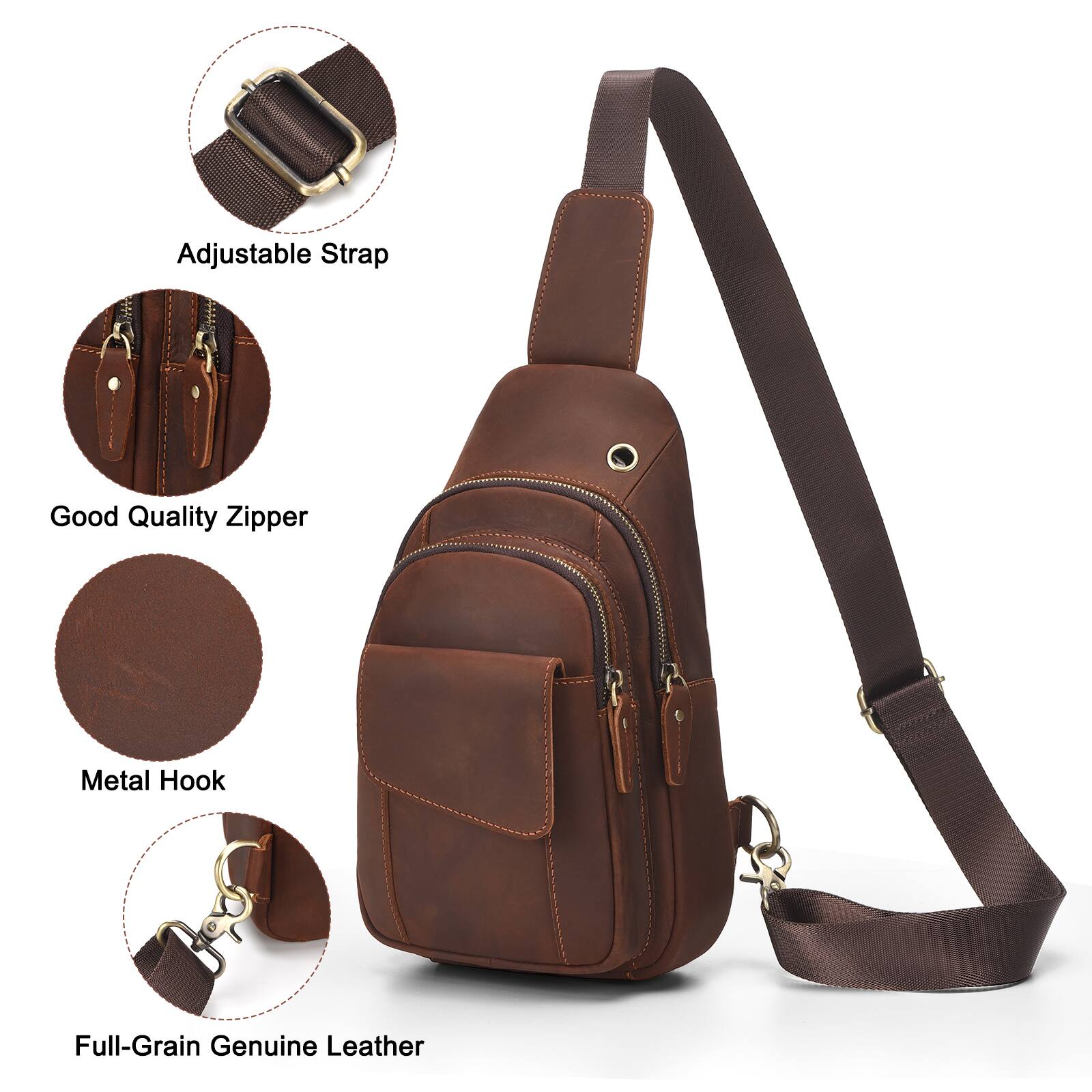 Adjustable Strap  
Good Quality Zipper  
Metal Hook  
Full-Grain Genuine Leather