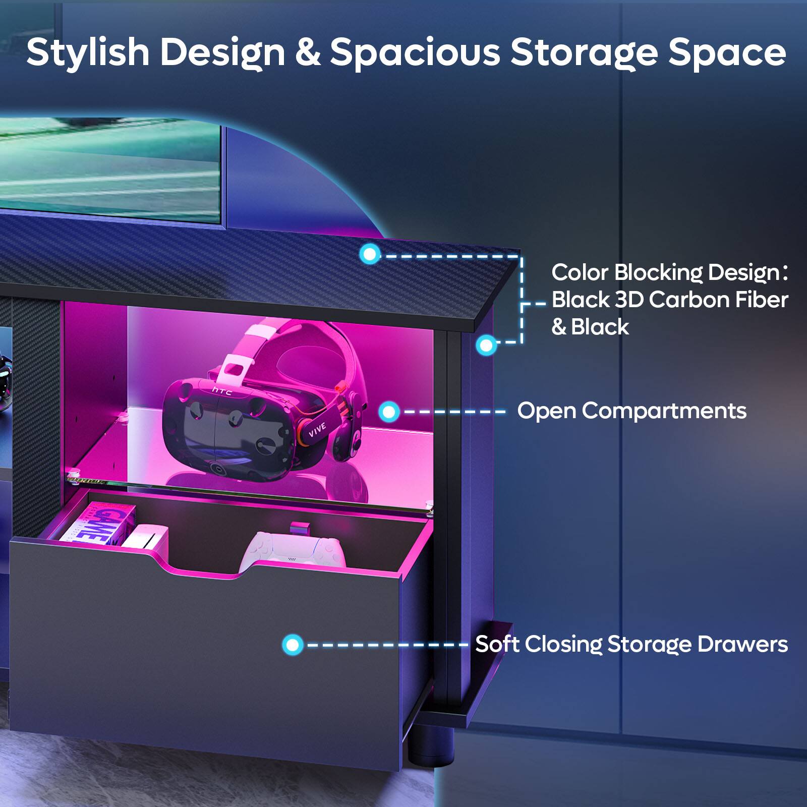 Stylish Design & Spacious Storage Space: Color Blocking Design: Black 3D Carbon Fiber & Black ATC VIVE Open Compartments GAME Soft Closing Storage Drawers