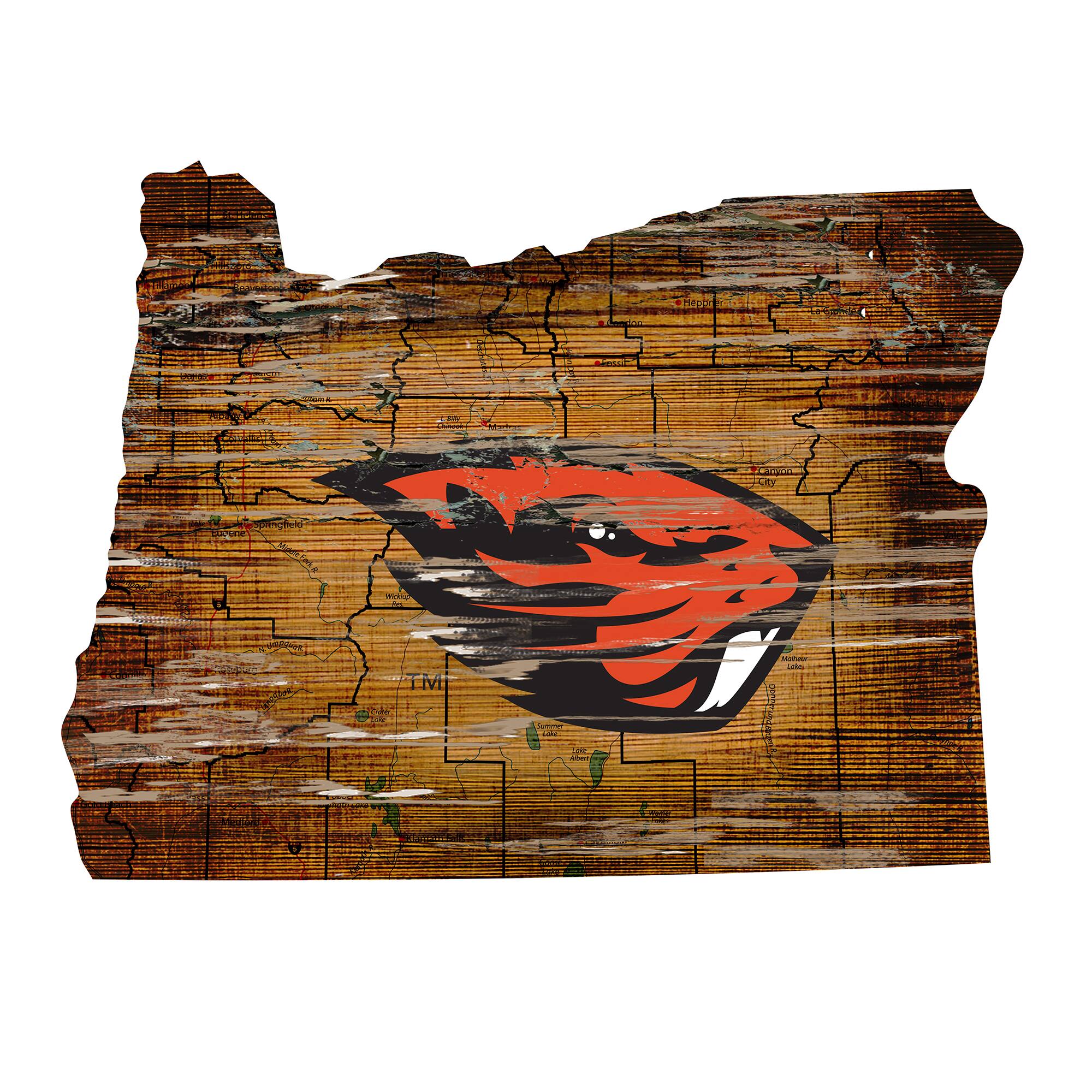 Oregon State Beavers 23.5" x 23.5" Distressed State with Logo Sign