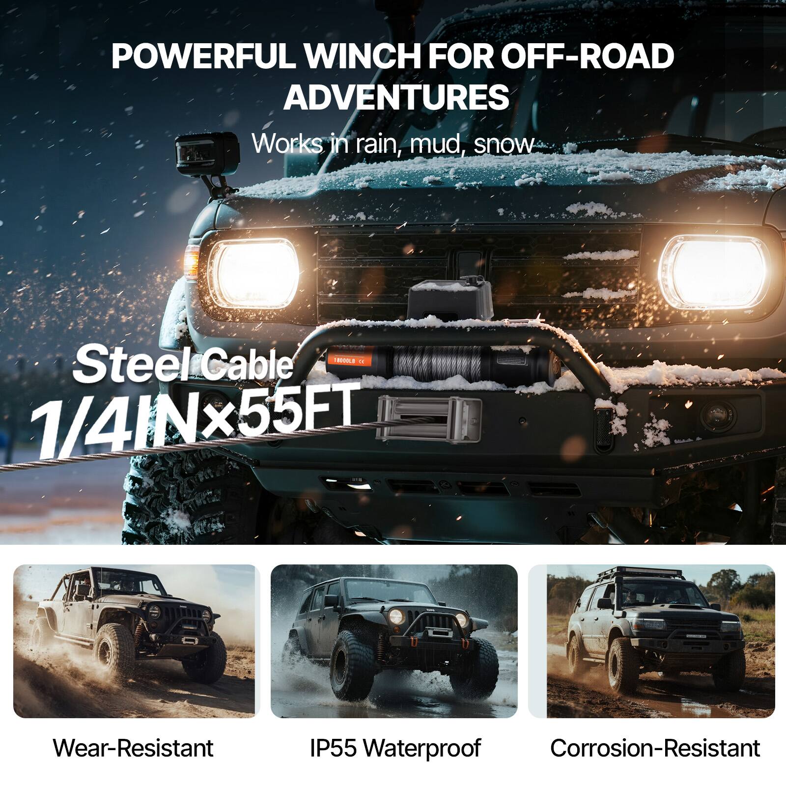 POWERFUL WINCH FOR OFF-ROAD ADVENTURES Works in rain, mud, snow Steel Cable 1/4INx55FT Wear-Resistant IP55 Waterproof Corrosion-Resistant