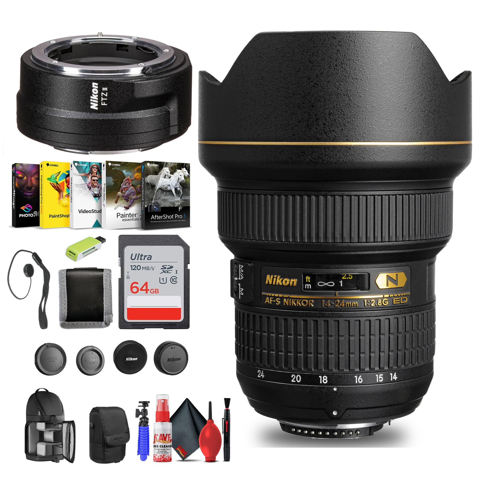Nikon - AF-S NIKKOR 14-24mm f/2.8G ED Lens (2163) + FTZ II Adapter + 64GB Card - Bundle - Black