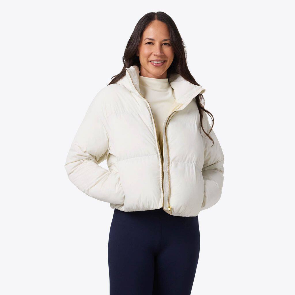 Front. Mobile Warming - Women's Cloud IX Crop Puffer Heated Jacket - Cream.