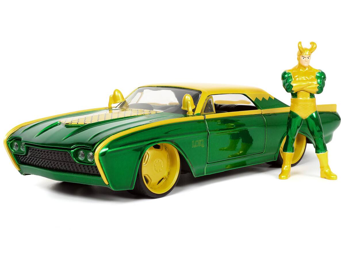 Alt View 1. Jada - 1963 Ford Thunderbird Green and Yellow Metallic with Hood Graphics and Loki Diecast Figure "Loki" "Marvel" Series 1/24 - Green and yellow metallic.