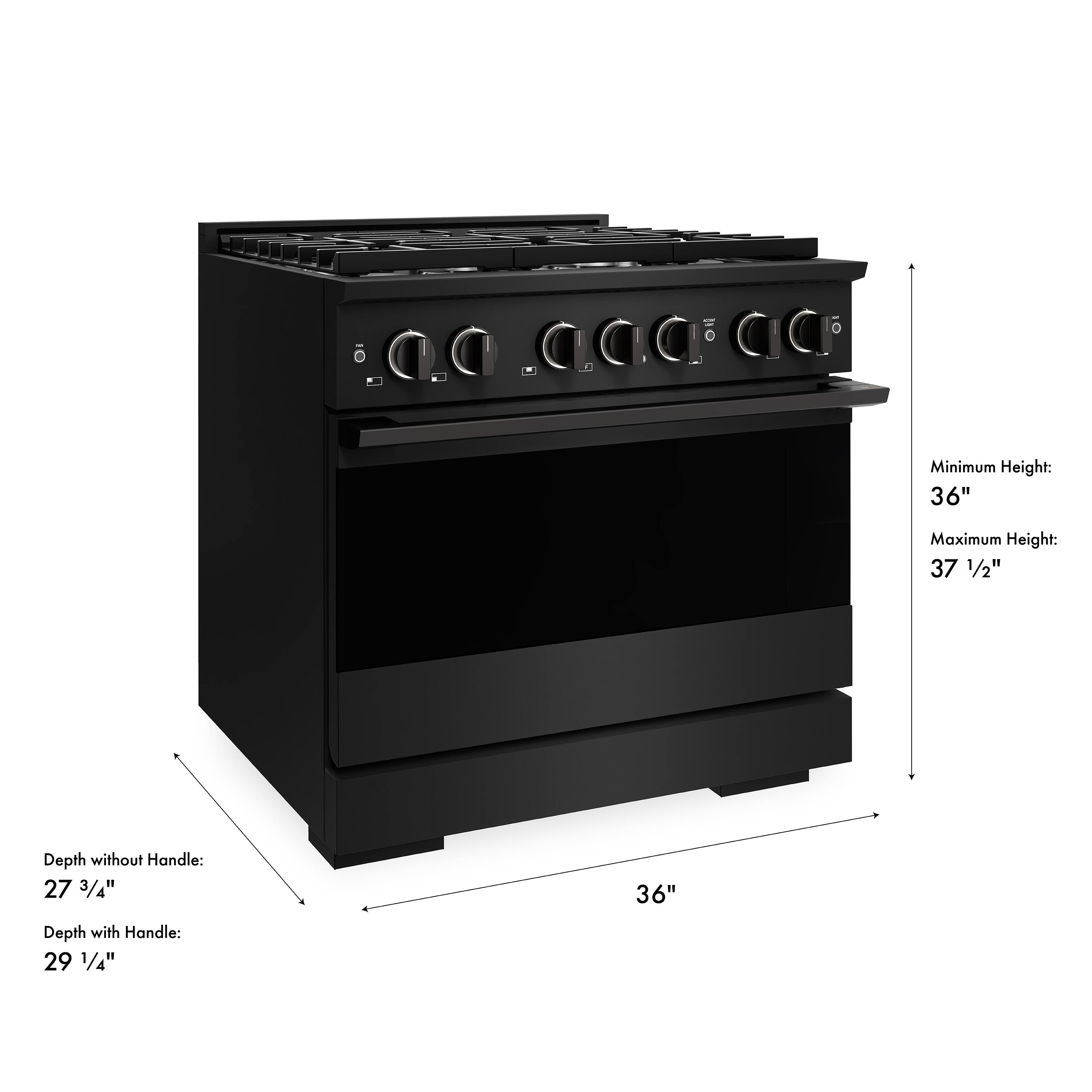 Minimum Height: 36"  
Maximum Height: 37 1/2"  
Depth without Handle: 27 3/4"  
Depth with Handle: 29 1/4"