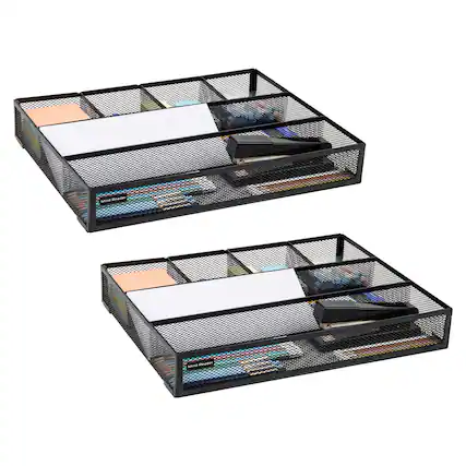 Front. Mind Reader - Drawer Organizer, Desk Org, Utensil Organizer, Office, Kitchen, Metal Mesh, 15"L x 12"W x 2.25"H, Set of 2 - Black.