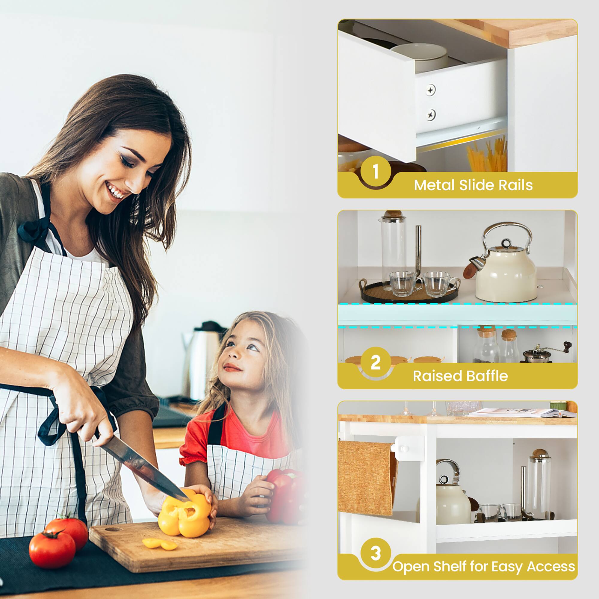 1. Metal Slide Rails  
2. Raised Baffle  
3. Open Shelf for Easy Access