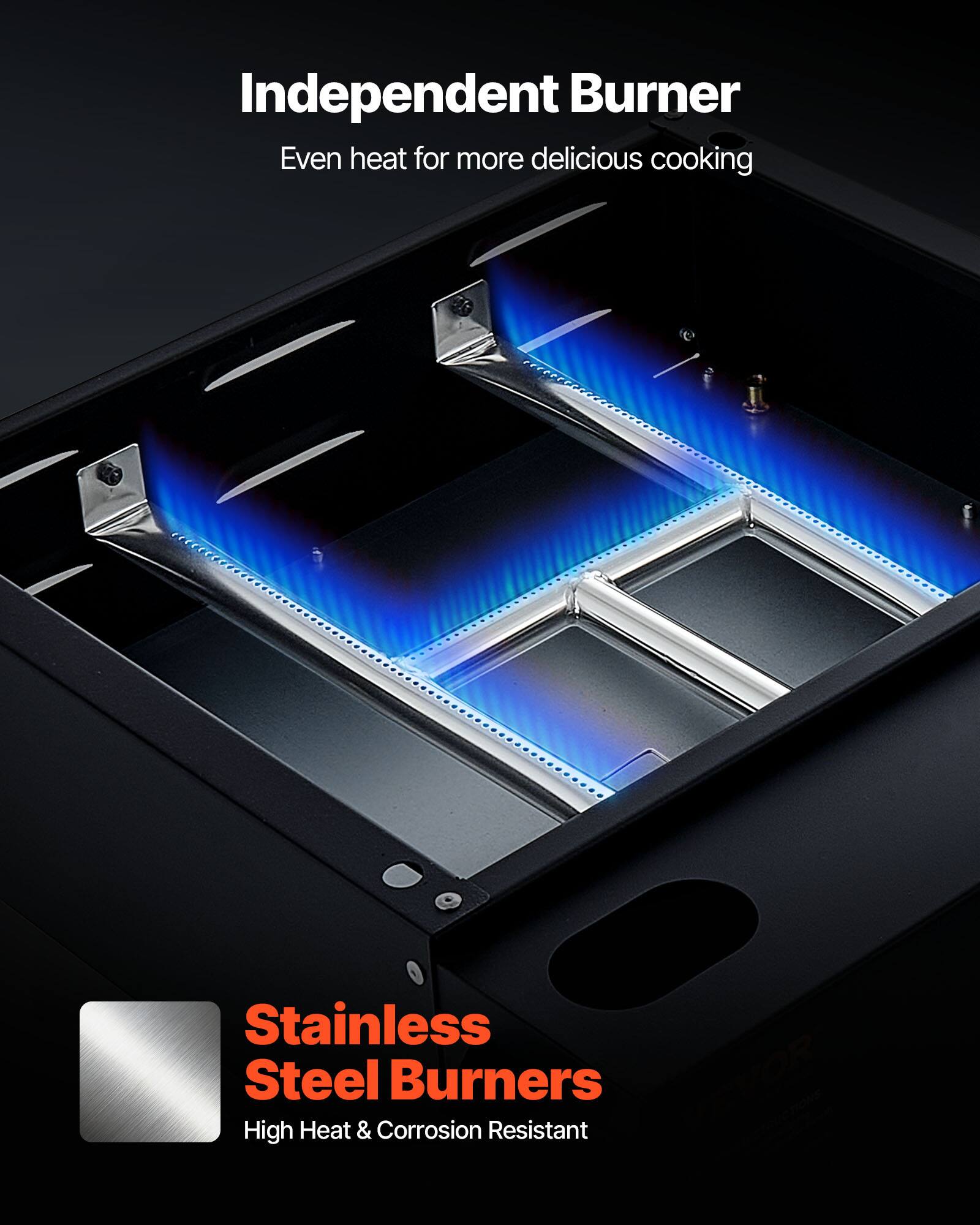 Independent Burner  
Even heat for more delicious cooking  

Stainless Steel Burners  
High Heat & Corrosion Resistant