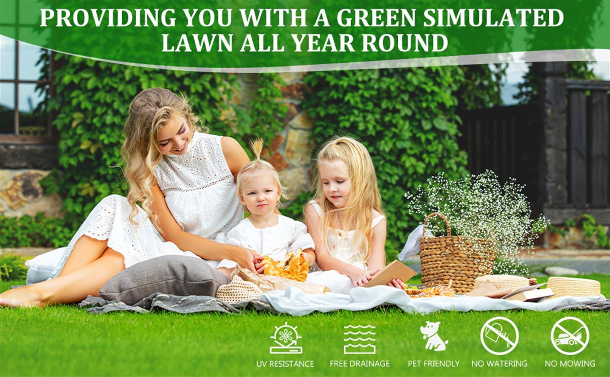 Providing you with a green simulated lawn all year round

- UV resistance
- Free drainage
- Pet friendly
- No watering
- No mowing