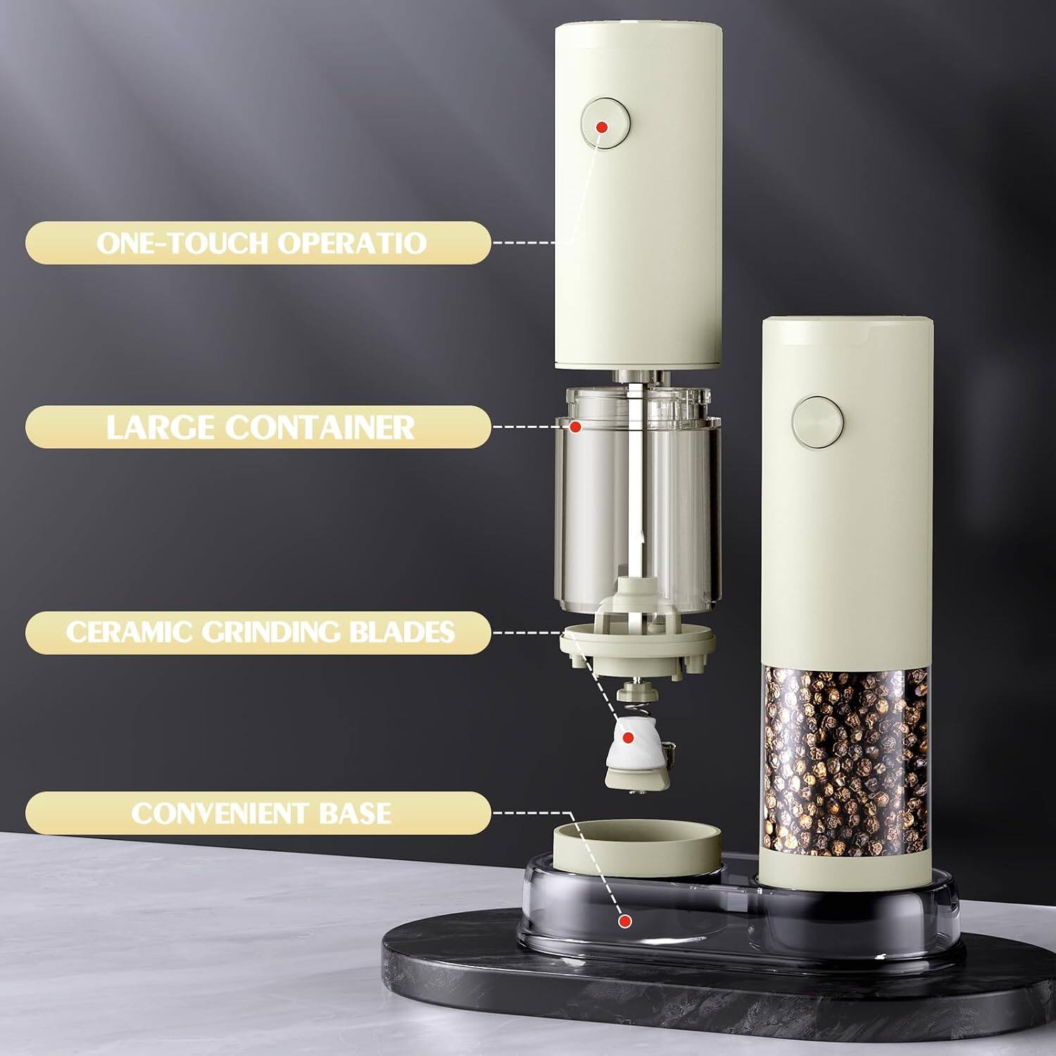 ONE-TOUCH OPERATION  
LARGE CONTAINER  
CERAMIC GRINDING BLADES  
CONVENIENT BASE