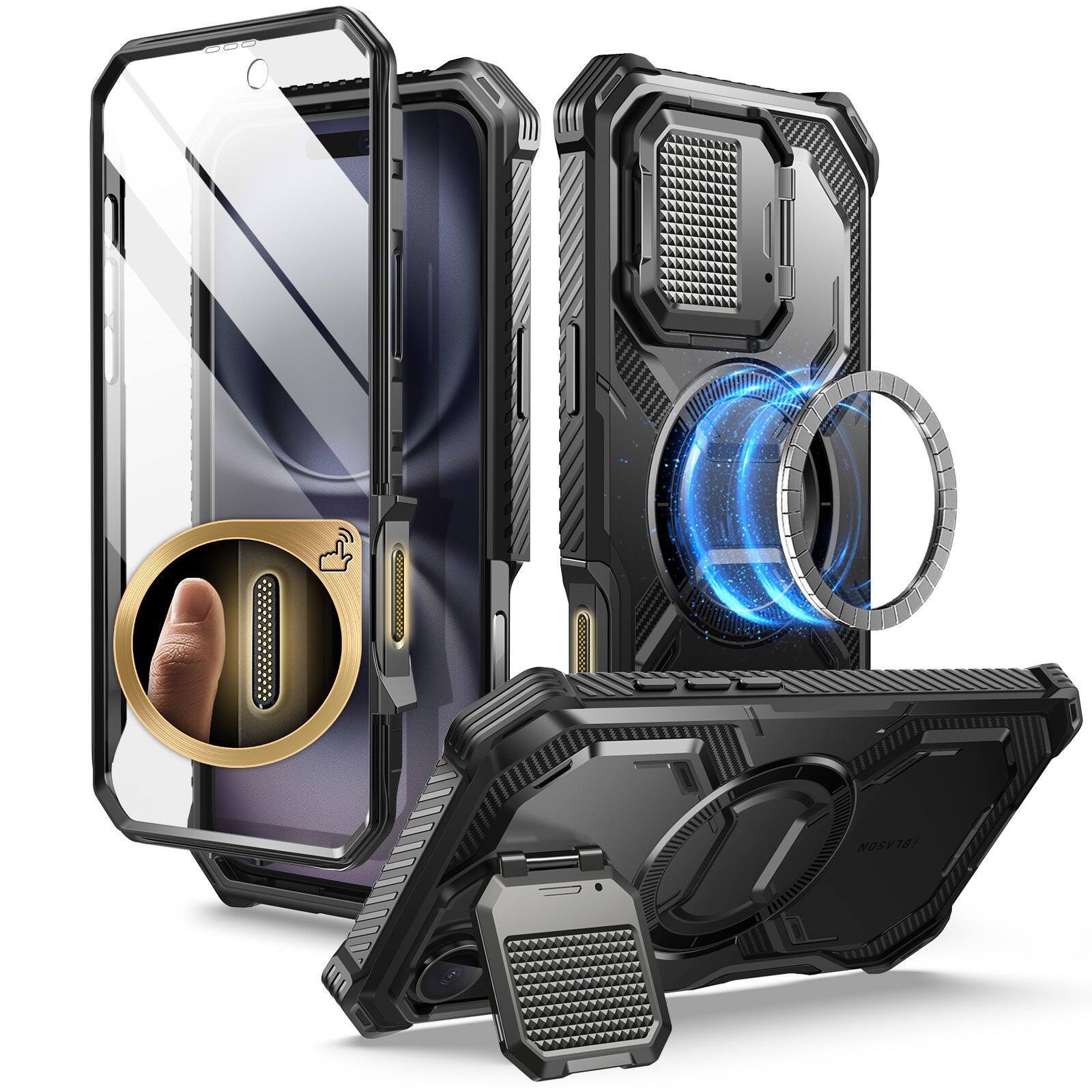 Left. i-Blason - i-Blason Armorbox Case for iPhone 16 – MagSafe, Kickstand, Screen Protector, Military-Grade - Black.