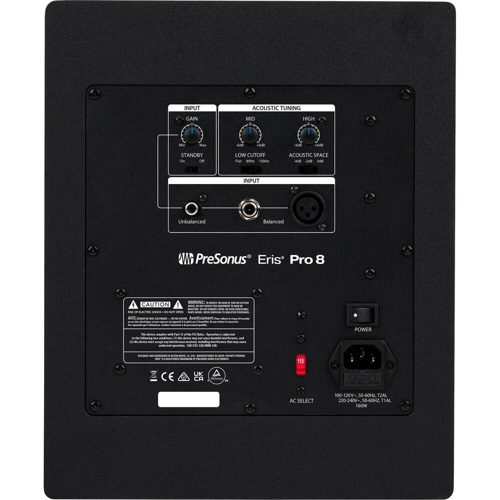 INPUT ACOUSTIC TUNING GAIN MID 4 HIGH O - 44   - STANDBY  o LOW CUTOFF F BM 18044 ACOUSTIC SPACE 40 e  INPUT Unbalanced Balanced PreSonus Eris Pro 8 CAUTION NARNIN - - - - -  EEE -.. . - Aan - - AvertsMment - - drva - Ten I - - N - Soeti  - .e 1 d - - -  - - - 18 E. KU a POWER - -   115 UK CA AC SELECT 100 120V-. 50-60H2 T2AL 220-240V 50-60HZ T1AL 160W