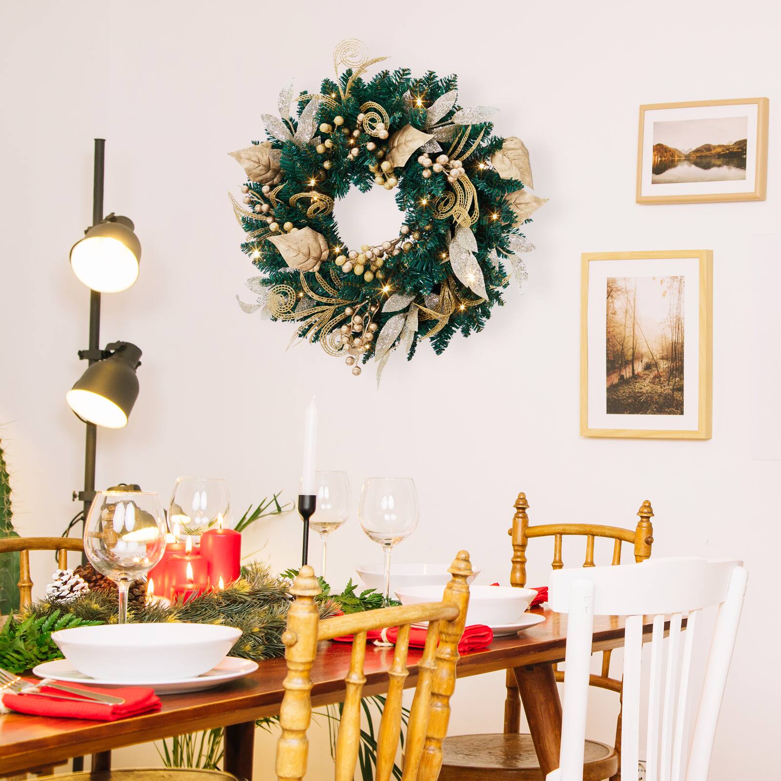 Alt View 1. Acekool - 18 Inch Pre-Lit Christmas Wreath with LED Lights Holiday Wall Decors with Gold Flowers and Berries for Front Door - Gold.