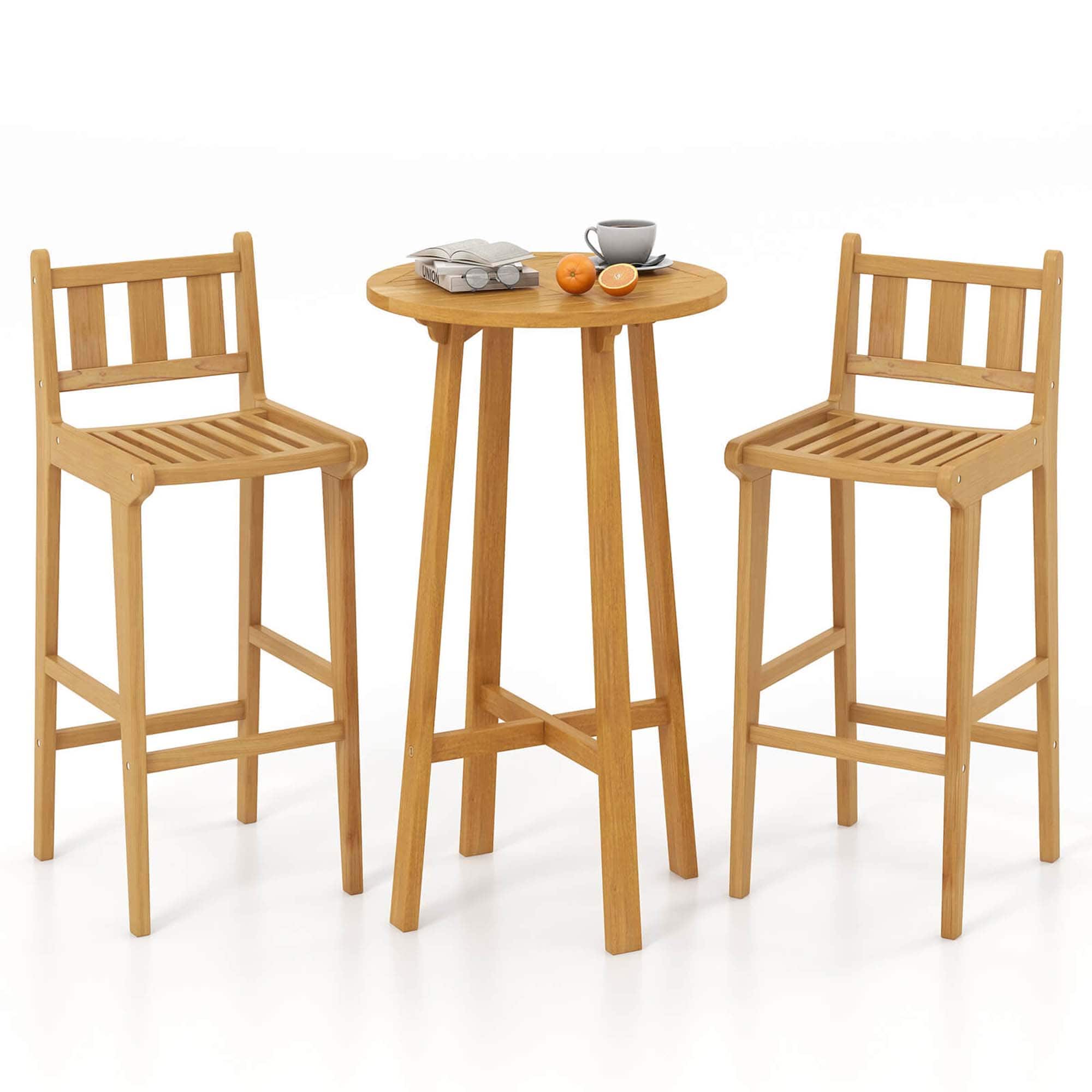Front. Costway - 3 PCS Patio Bar Set Round Cocktail Table with 2 Armless Bar Height Stools - Natural.