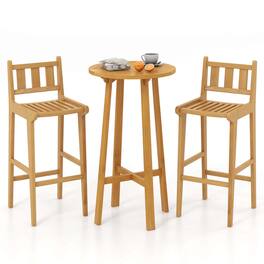 Costway - 3 PCS Patio Bar Set Round Cocktail Table with 2 Armless Bar Height Stools - Natural