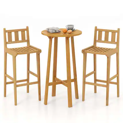 Front. Costway - 3 PCS Patio Bar Set Round Cocktail Table with 2 Armless Bar Height Stools - Natural.