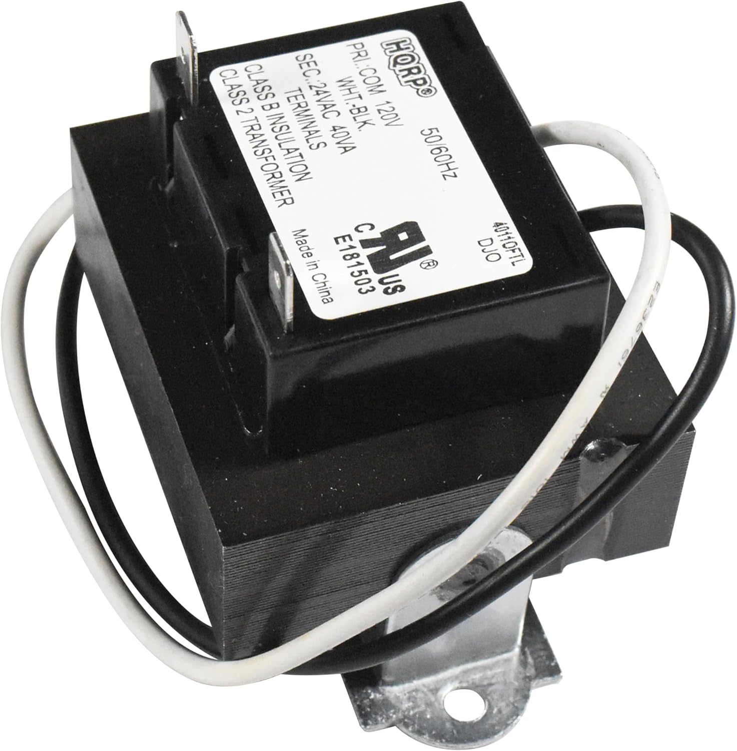 PRI CLASS B INSULATION  
SEC. 24VAC WHT. L.COM  
HORPO  
0 2 TERMINALS HT.-BLK.  
120V INSULATION 40VA  
50 TRANSFORMER 50/60Hz  
Made in E181503 A  
DJ0 40110FTL China US